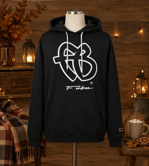 FUBU Men's M Black White Logo Pullover Fleece Hoodie Hip Hop Front Pocket